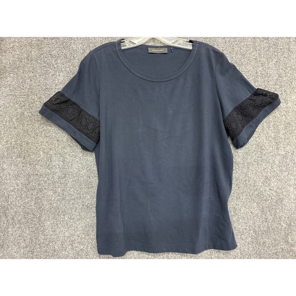 Elena Miro Navy Blue Cotton Crochet Lace Sleeve Top Crew Neck Size Medium